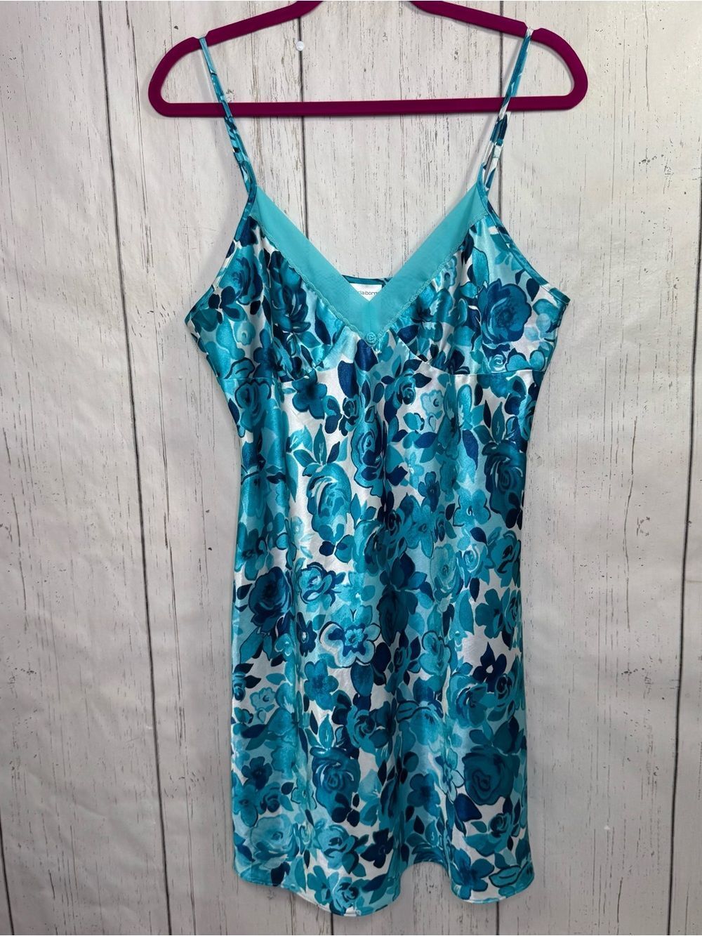 Liz Claiborne Blue Floral Satin Chemise Nightgown Cottagecore Romantic Coquette